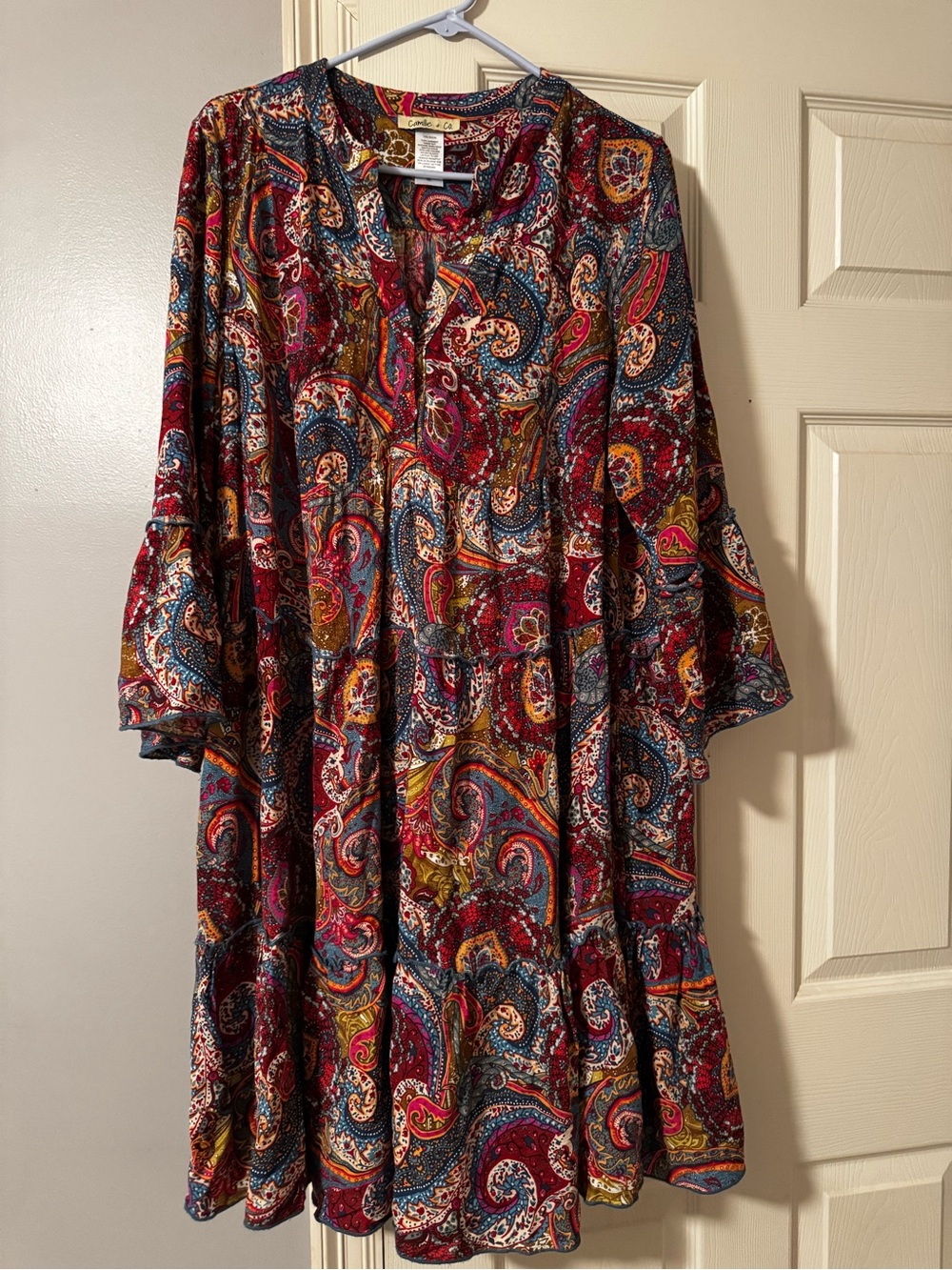 Women's Long Sleeve Paisley Tiered Tunic Dress - Multicolor